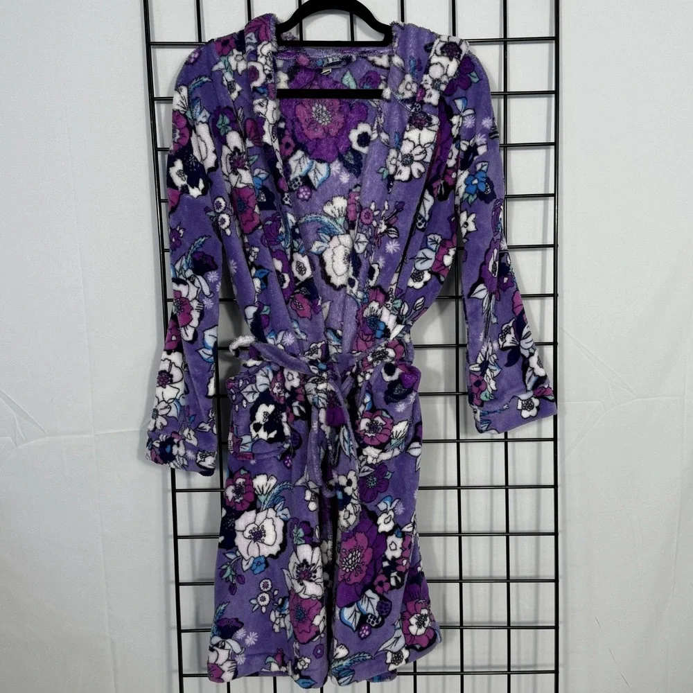 Vera Bradley Enchanted Garden Cozy Robe Womens S/M Purple Floral Hooded Travel